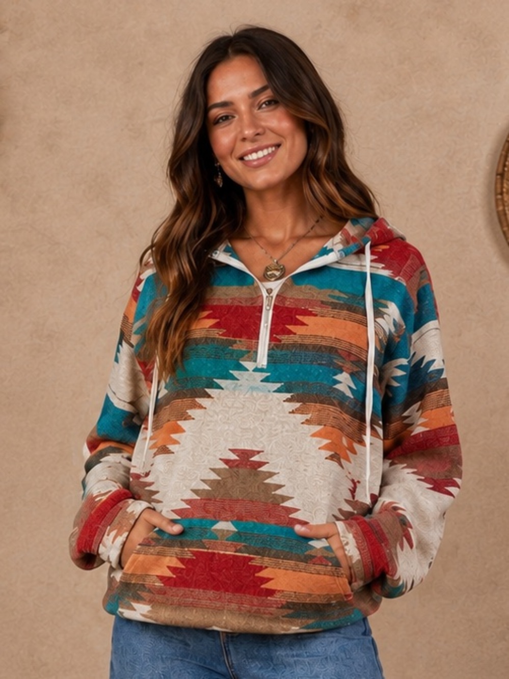 Aztec Print Half-Zip Hooded Pullover - Multicolor
